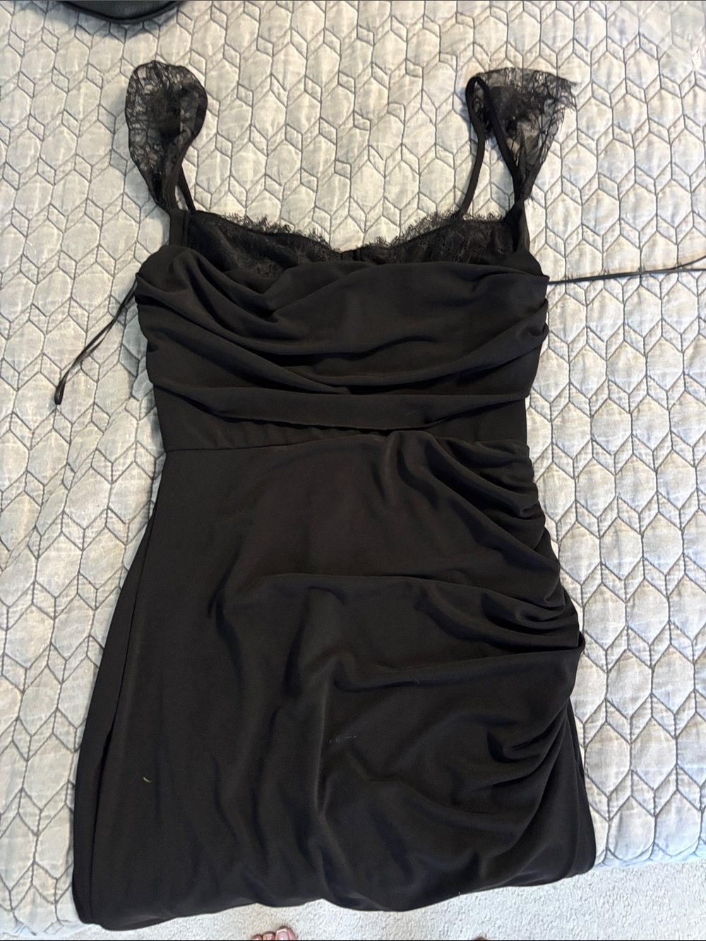 Express Black Lace-Trim Ruched Midi Dress